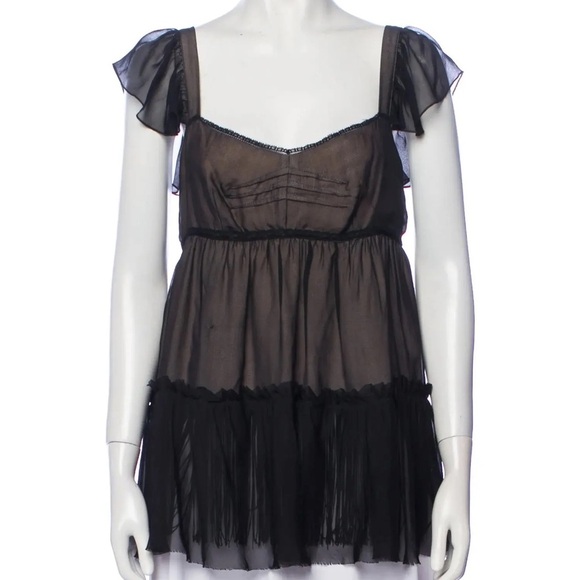 Dolce & Gabbana Vintage Babydoll Chiffon Blouse Black & Tan with Fringe Small - Picture 1 of 9